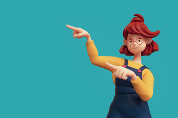 Portrait of smiling positive funny casual redhead girl in glasses wearing blue apron, yellow t-shirt showing you way, pointing her finger to empty copy space for advertising. Minimal style. 3d render.