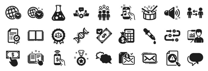 Set of Education icons, such as Accepted payment, Phone payment, Time management icons. Time zone, Chemistry dna, Messenger signs. Talk bubble, Teamwork, Finance calculator. Drums, Book. Vector