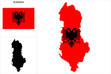 Carte d'Albanie avec fond drapeau albanais - Carte sous forme de motif noir et drapeau Albanie disponibles séparément - obrazy, fototapety, plakaty
