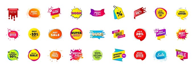 Best sale offer banners. Discounts price deal stickers. Special offer 3d bubble. Promotion sale tag coupons. Best discount deal sticker templates. Quiz bubble banner. Promotion Ad labels. Vector