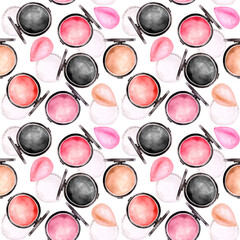 Watercolor illustration of woman beauty make up blush collection pattern. Hand painted blush, cotton pads, foundation sponge, blender. - 452381449
