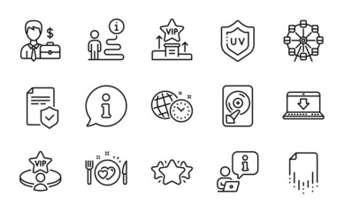 Business icons set. Included icon as Hdd, Recovery file, Businessman case signs. Internet downloading, Star, Vip podium symbols. Insurance policy, Romantic dinner, Vip table. Uv protection. Vector