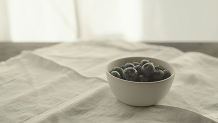 Fototapeta na wymiar fresh blueberries in white bowl on linen napkin