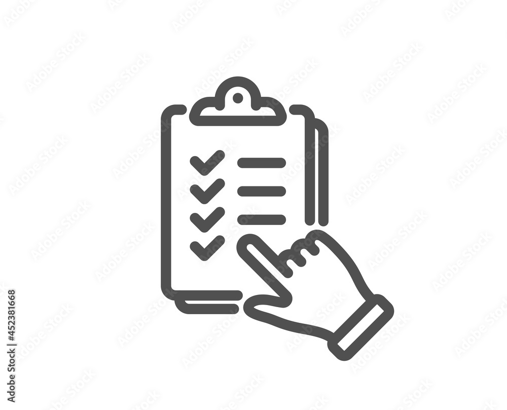 Poster checklist line icon. clipboard document sign. questioning survey symbol. quality design element. lin