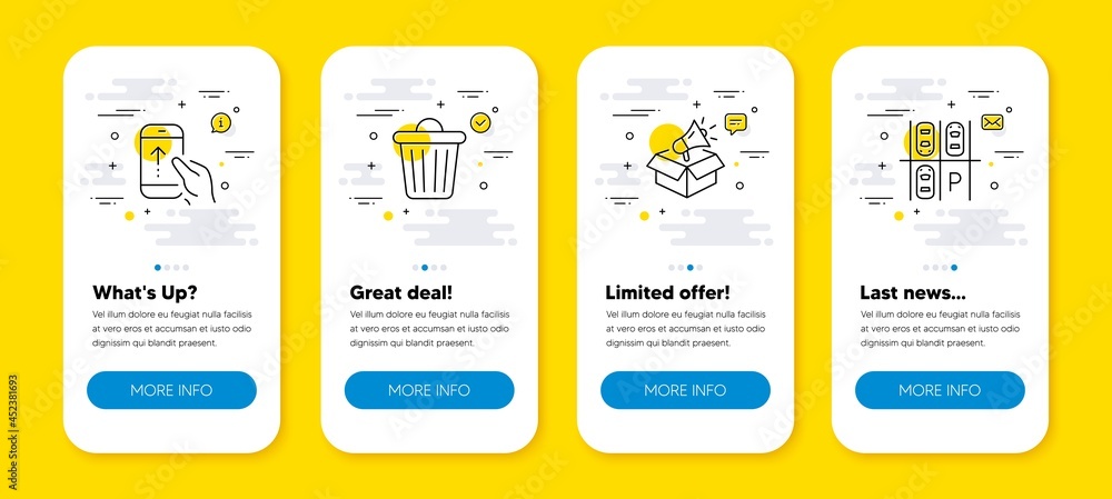 Poster vector set of trash bin, swipe up and megaphone box line icons set. ui phone app screens with line i
