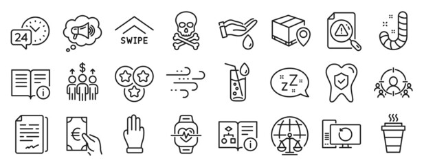 Set of Business icons, such as Parcel tracking, Megaphone, Magistrates court icons. Sleep, Finance, Three fingers signs. Windy weather, Technical info, Meeting. Business targeting, Candy. Vector