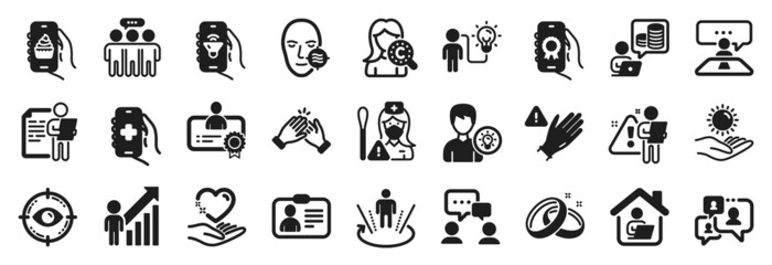 Set of People icons, such as Augmented reality, Business idea, Employee result icons. Health app, Music app, Interview job signs. Work home, Person idea, Id card. Wedding rings, Hold heart. Vector