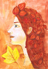 Female portrait with maple leaf and fetuses of physalis in hair. Children's drawing