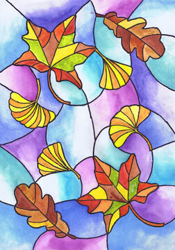Autumn leaves. Stained glass sketch. Child's drawing