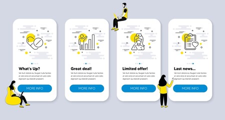 Vector Set of Science icons related to Graph chart, Nurse and Medical pills icons. UI phone app screens with people. Patient history line symbols. Growth report, Medical mask, Drugs. Vector