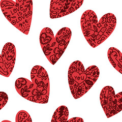 Valentine's Day isolated seamless pattern. Hand-drawn hearts with tattoos with various symbols, phrases, messages. - obrazy, fototapety, plakaty