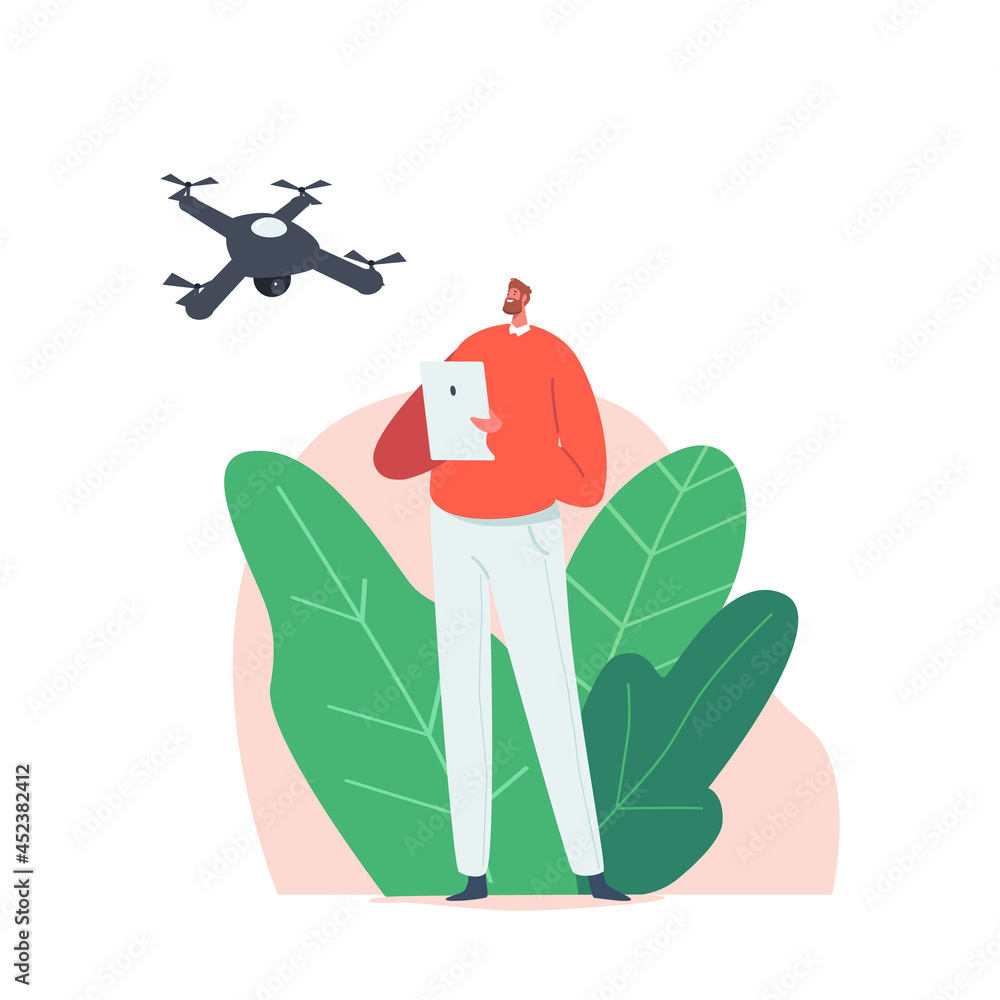 Poster young man watching and navigating flying drone in sky. male character hold tablet pc with remote con