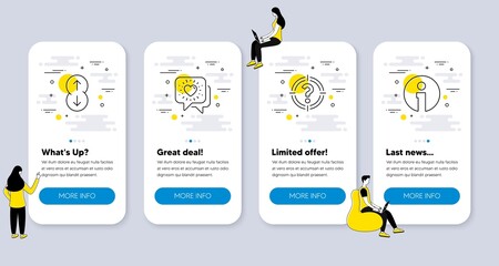 Set of Business icons, such as Friends chat, Headhunter, Scroll down icons. UI phone app screens with people. Info line symbols. Friendship, Aim with question mark, Swipe arrow. Information. Vector