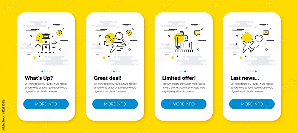 Poster vector set of search flight, lighthouse and baggage reclaim line icons set. ui phone app screens wit
