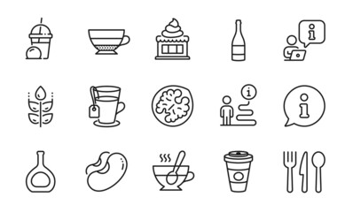 Food and drink icons set. Included icon as Tea, Champagne bottle, Takeaway coffee signs. Americano, Ice cream milkshake, Gluten free symbols. Ice cream, Walnut, Cognac bottle. Beans, Food. Vector