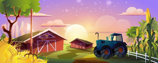 Farming landing page. Agricultural farm with barns, tractor, corn fields and hay. Growing organic products, agribusiness, farmland, harvesting web banner background. Cartoon vector illustration.
