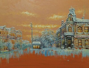 Fototapeta premium Oil paintings landscape, old city, street in winter. Fine art