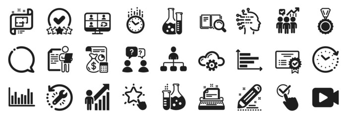 Set of Education icons, such as Teamwork questions, Chemistry lab, Time change icons. Time, Video camera, Speech bubble signs. Search book, Horizontal chart, Accounting. Rating stars. Vector