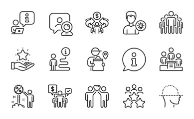 People icons set. Included icon as Delivery man, Business podium, Business meeting signs. Loyalty program, Person idea, Friends couple symbols. Discount, Video conference, Teamwork. Group. Vector