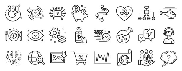 Set of Business icons, such as Stock analysis, Work, Consultant icons. Pets care, Chemistry lab, 360 degrees signs. Restructuring, Fireworks, Romantic dinner. Best buyers, Biometric eye. Vector