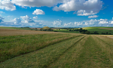 view across open farmland meadows and fields towards a small tump, Wiltshire UK