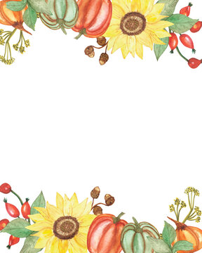 Watercolor hand painted nature autumn plants banner frame with red, green, orange pumpkin, yellow sunflower, acorn, red rosehip and dried herbs composition on the white background for card design