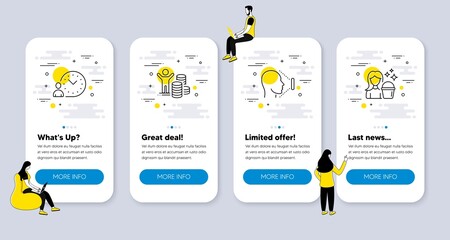 Vector Set of People icons related to Budget profit, Face id and Time management icons. UI phone app screens with people. Cleaning line symbols. Trader, Identification system, Work time. Vector