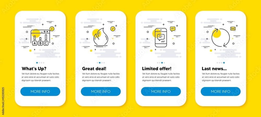 Poster vector set of survey results, fire energy and message line icons set. ui phone app screens with line