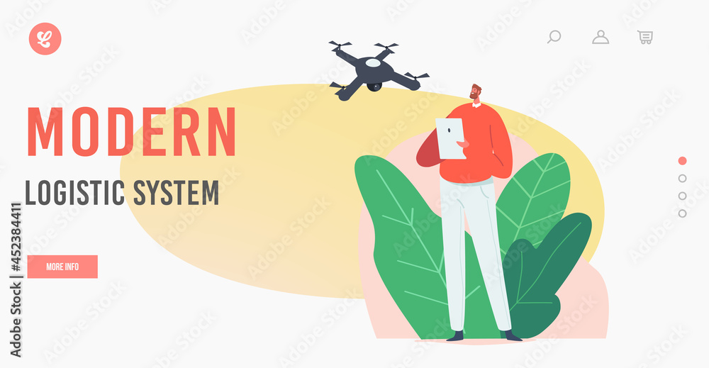 Aufkleber modern logistic system landing page template. young man navigating drone. male character hold tablet
