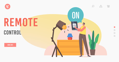 Smart Home, House Iot, Internet of Things Wireless Technology Landing Page Template. Character Change Settings on Tablet