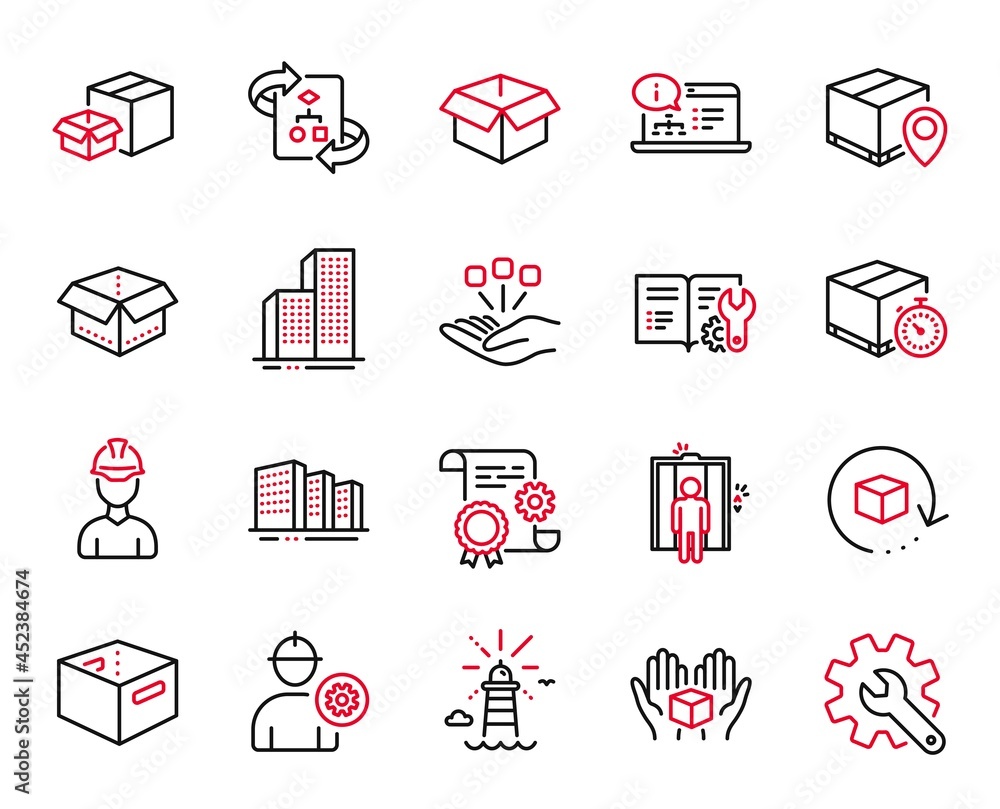 Poster vector set of industrial icons related to technical algorithm, open box and consolidation icons. pac