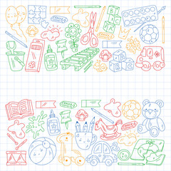 Children play with toys in the kindergarten. Kids playground. Education, creativity, imagination.