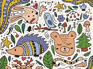 Doodle style hand drawn. Nature, animals and elements. Vector illustration. Forest dwellers. Colorful illustration.