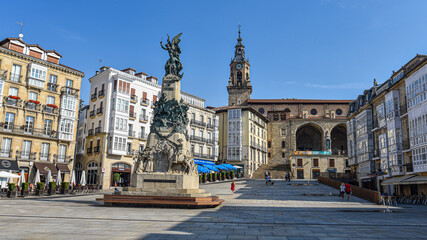 Vitoria-Gasteiz, Spain - 20 August, 2021: Monument to the Battle of Vitoria and Plaza de la Virgen...