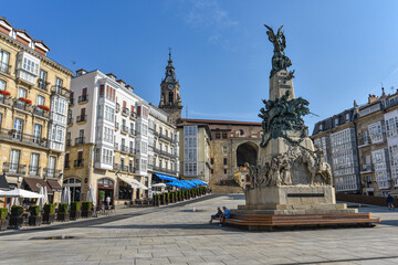 Fototapeta na wymiar Vitoria-Gasteiz, Spain - 20 August, 2021: Monument to the Battle of Vitoria and Plaza de la Virgen Blanca