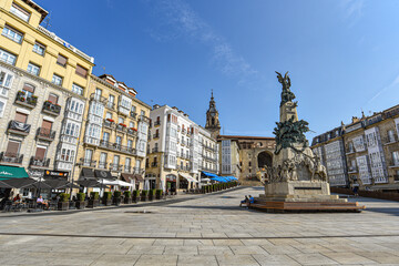 Vitoria-Gasteiz, Spain - 20 August, 2021: Monument to the Battle of Vitoria and Plaza de la Virgen...