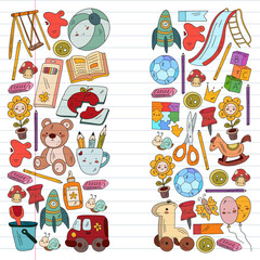 Children play with toys in the kindergarten. Kids playground. Education, creativity, imagination.