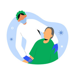 Patient recovering from covid, medical nurse kindly taking care of senior female patient suffering from pneumonia caused by coronavirus infection lying in hospital bed, vector cartoon illustration