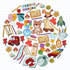 Children play with toys in the kindergarten. Kids playground. Education, creativity, imagination.