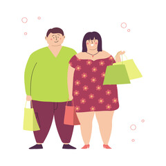 Happy plus size woman and man are doing shopping. Smiling overweight couple holding packages. Body positive young people. Vector hand drawn flat illustration