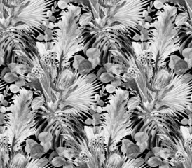 black and white watercolor seamless pattern with herbarium of dry palm leaves with protea and monstera flower and pampas for textiles and wallpaper as well as packaging and surface design
