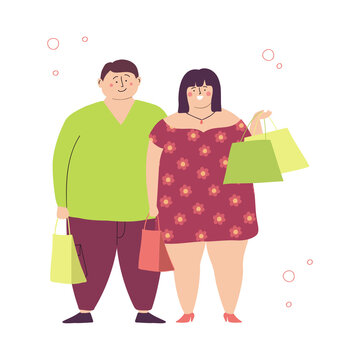 Happy Plus Size Woman And Man Are Doing Shopping. Smiling Overweight Couple Holding Packages. Body Positive Young People. Vector Hand Drawn Flat Illustration