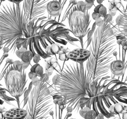 black and white watercolor seamless monochrome pattern with dry palm branches with protea and monstera flower and cotton sprigs on white background for textiles and wallpaper and wrapping paper