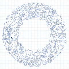 Children play with toys in the kindergarten. Kids playground. Education, creativity, imagination.