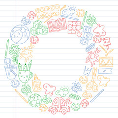 Children play with toys in the kindergarten. Kids playground. Education, creativity, imagination.