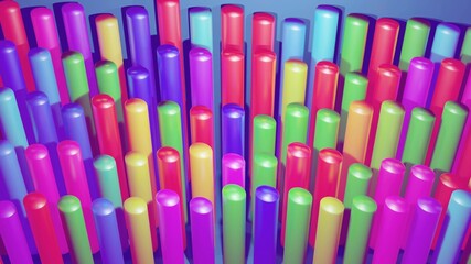 3d render. Abstract infographics from multi-colored columns in rows, beautiful background for analytical theme. Bright background with array of bars suitable for financial topics
