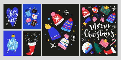 2021 Christmas card collection, scandinavian postcard with illustrations of christmas gift, knitted hats with nordic ornaments, noel invitations with handwritten lettering, new year vertical posters