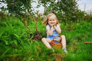 Adorable girl in straw hat picking fresh organic blueberries on farm