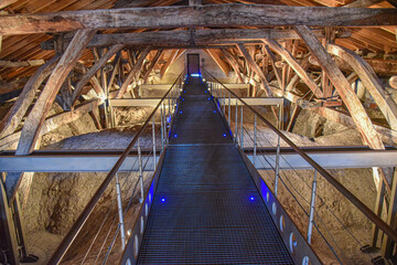 Vitoria-Gasteiz, Spain - 21 August 2021: Wooden beams supporting the roof of the Church of San Vicente