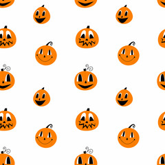 Abstract cute pumpkins with faces on a white background. Vector halloween seamless pattern with  jack-o lantern.
